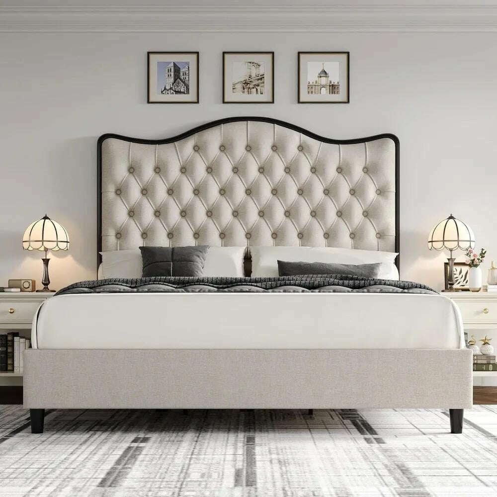 KIMLUD, Queen Size Platform Bed Frame with 55" Tall Curved Headboard, Linen Modern Upholstered Frame with Deep Tufted Button Black/Beige, KIMLUD Womens Clothes