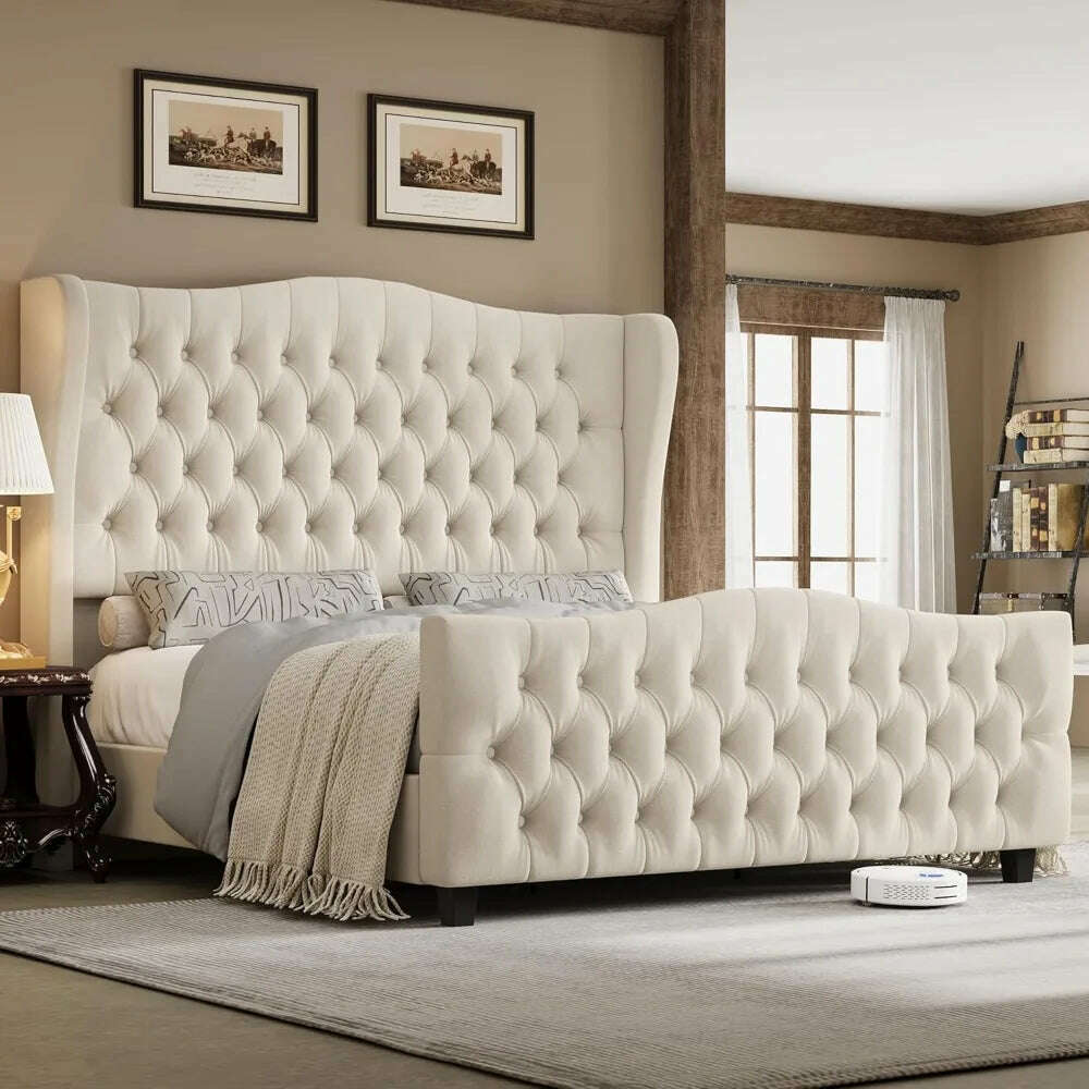 KIMLUD, Queen Size Tall Platform Bed Frame with Wingback Headboard and Footboard,Velvet Upholstered Bed Frame,No Box Spring Needed, KIMLUD Womens Clothes