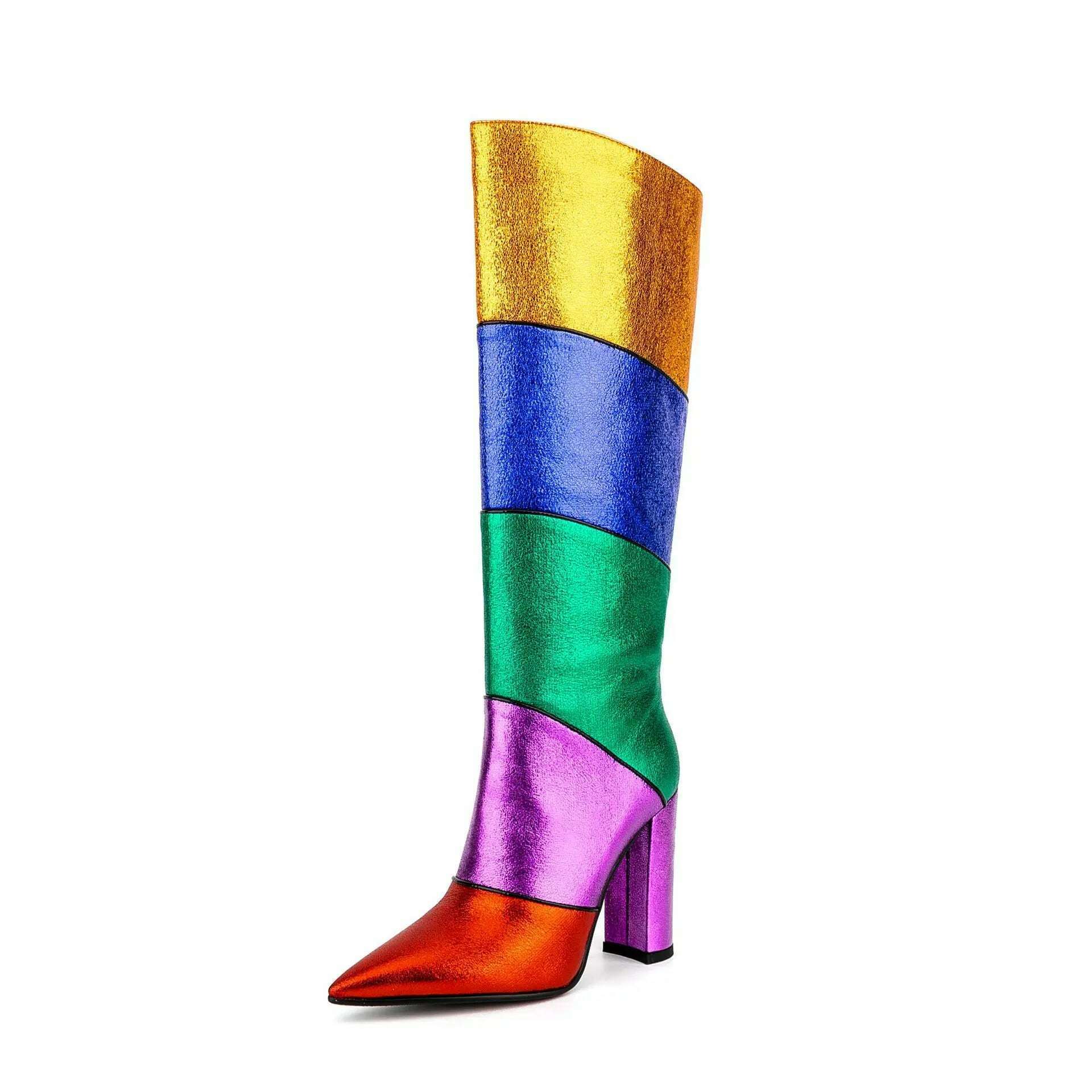 Rainbow Colorful Pointed Toe Knee High Boots Block Heels Slip-Ob Mixed Color Sewing Spring Women Bright Shiny Leather Shoes - KIMLUD