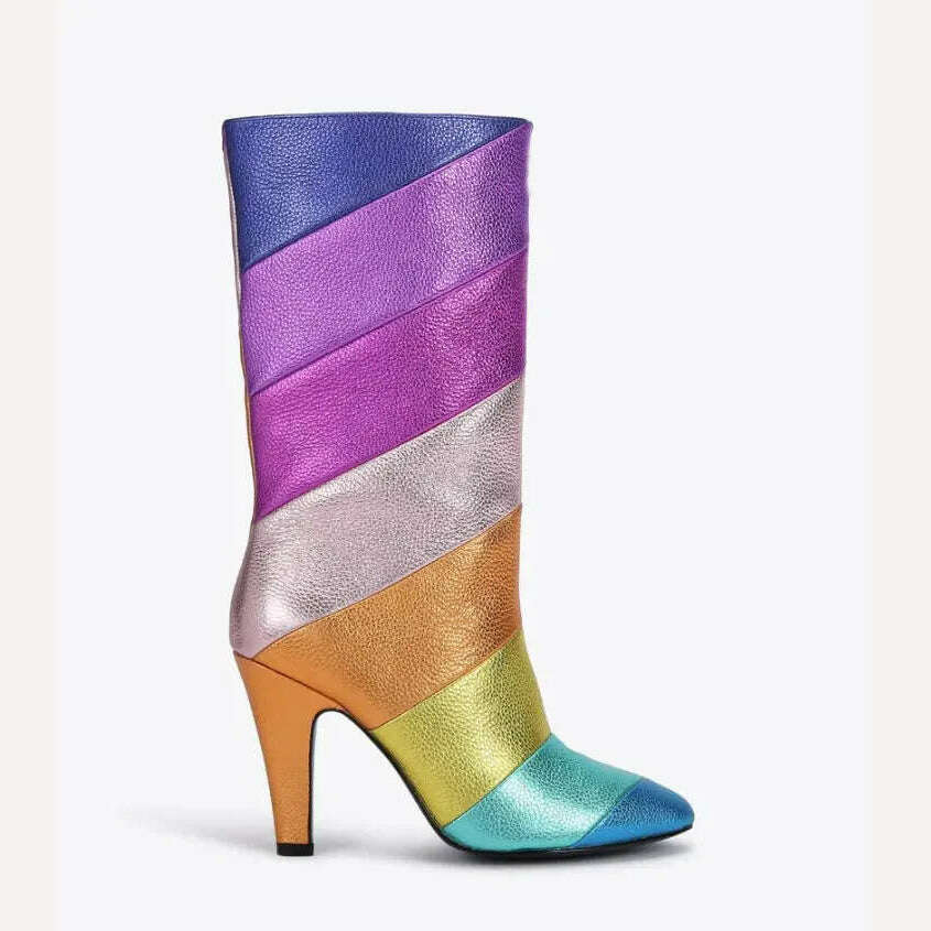 Rainbow Colorful Pointed Toe Knee High Boots Block Heels Slip-Ob Mixed Color Sewing Spring Women Bright Shiny Leather Shoes - KIMLUD