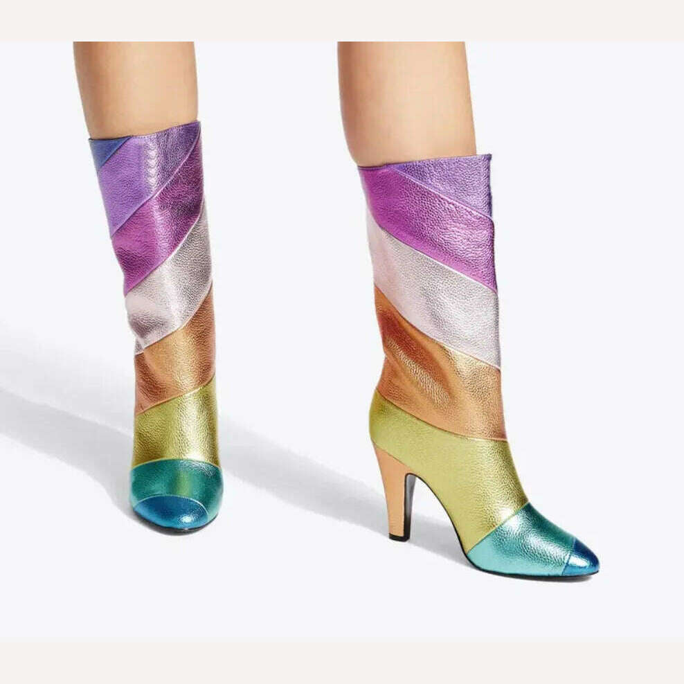 Rainbow Colorful Pointed Toe Knee High Boots Block Heels Slip-Ob Mixed Color Sewing Spring Women Bright Shiny Leather Shoes - KIMLUD