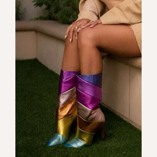 Rainbow Colorful Pointed Toe Knee High Boots Block Heels Slip-Ob Mixed Color Sewing Spring Women Bright Shiny Leather Shoes - KIMLUD