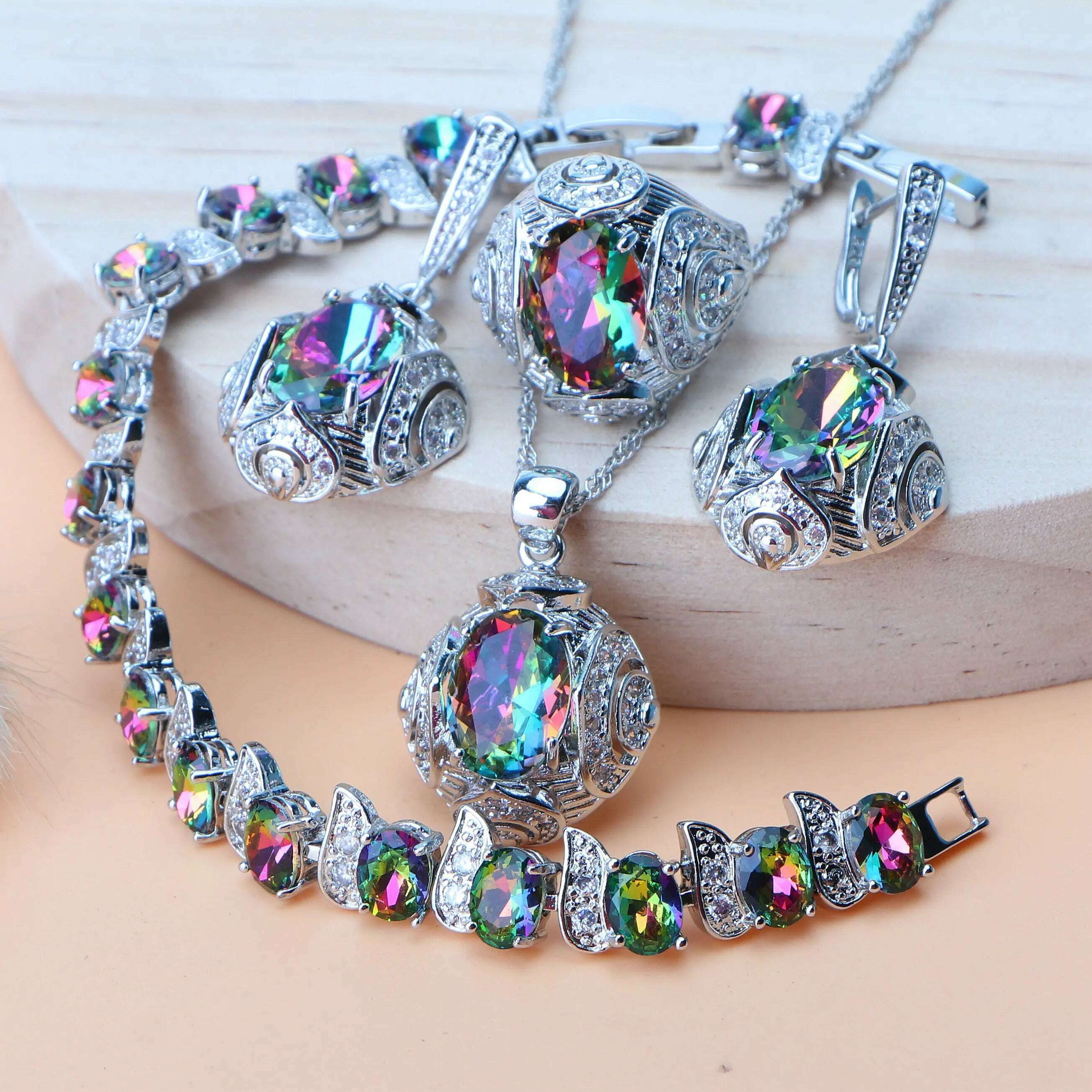 KIMLUD, Rainbow Natural Zircon Jewelry Sets 925 Sterling Silver Women Wedding Jewelry Earrings Bracelets Rings Pendant Necklace Set, 4PCS-Rainbow / 10, KIMLUD APPAREL - Womens Clothes