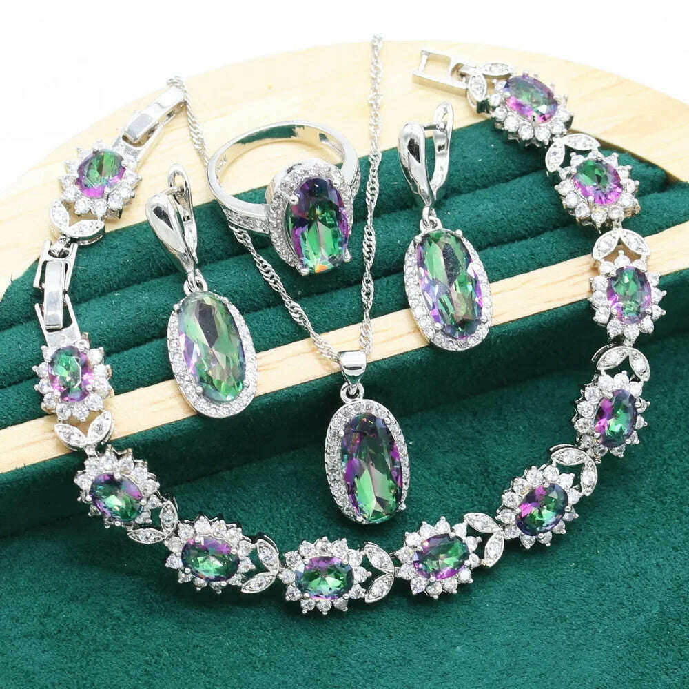 KIMLUD, Rainbow Topaz 925 Sterling Silver Jewelry Sets For Women Bracelet Earrings Necklace pendant Ring Classic Birthday Gift, KIMLUD Womens Clothes