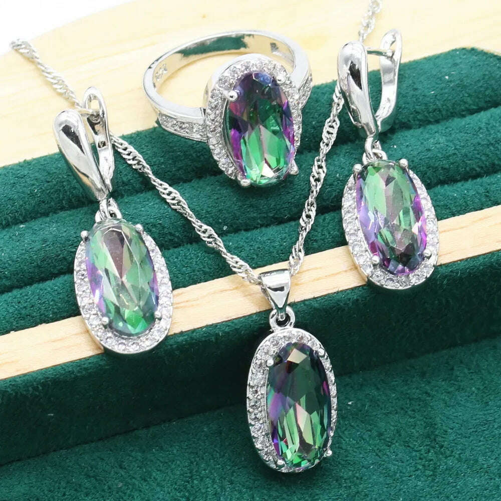 KIMLUD, Rainbow Topaz 925 Sterling Silver Jewelry Sets For Women Bracelet Earrings Necklace pendant Ring Classic Birthday Gift, 3pcs / 6, KIMLUD APPAREL - Womens Clothes