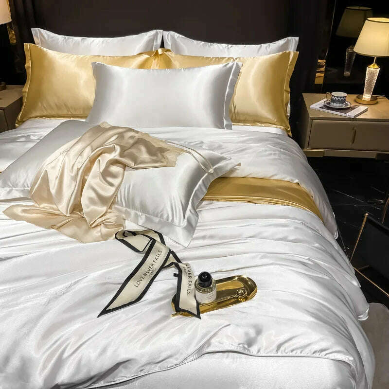 Real 100% Mulberry Silk Bedding Set with Duvet Cover Fitted/Flat Bed Sheet Pillowcase Solid Color 4pcs King Queen Twin Bed Sets - KIMLUD