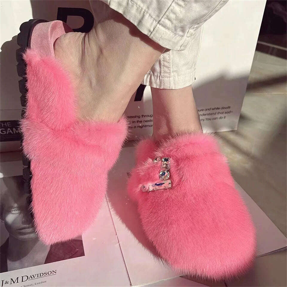 Real Fur Slippers Cork Footbed Clogs For Women Fashion Mink Fur Mules Comfort Shies With Arch Support Lndoor Outdoor Flat Slides - KIMLUD