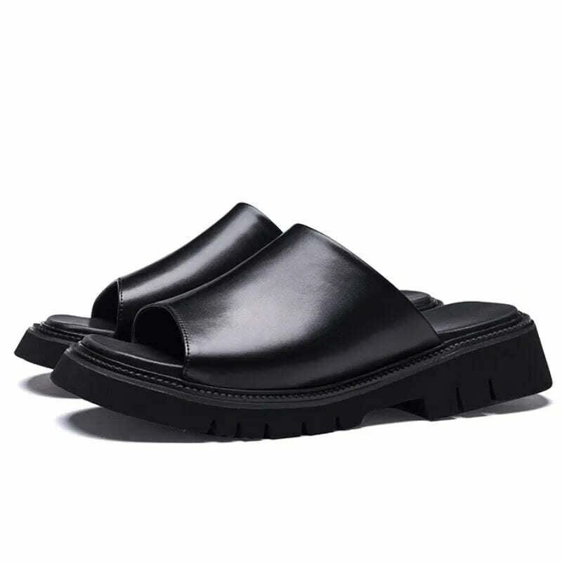 Real Leather Mens Slippers Platform 4cm High Heels Luxury Genuine Leather Quality Brand Handmade Outdoor Business Slippers Shoes - KIMLUD