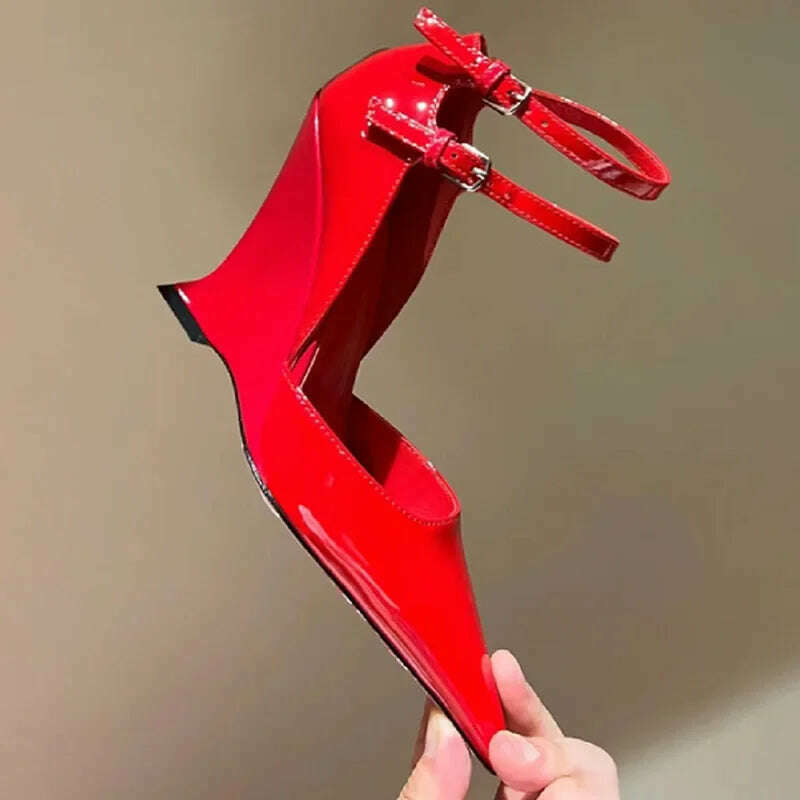 KIMLUD, Red Cherry Wedge High Heels 2024 Pointed Toe Sexy Fashion Mary Jane Pumps Old Money Shoes For Women Ladies, Red / 38, KIMLUD APPAREL - Womens Clothes