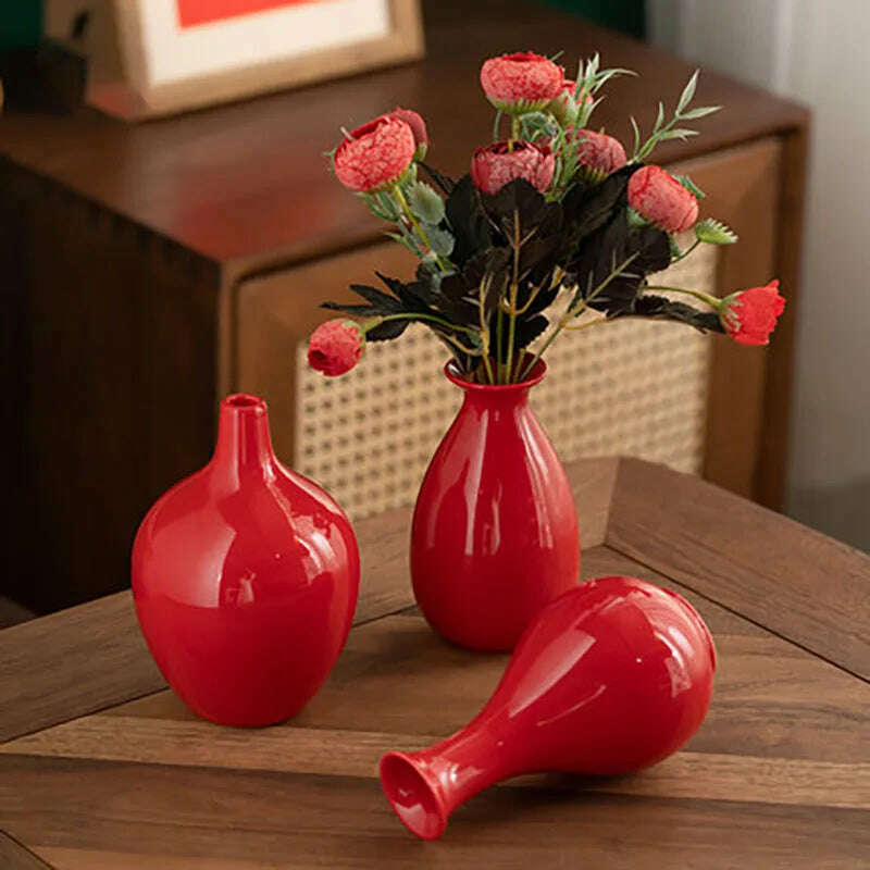 KIMLUD, Red Decor Vase Creativity Desktop Ceramic Vase for Home Living Room Office Chinese Traditional Wedding Decoration Souvenir Gift, KIMLUD Womens Clothes