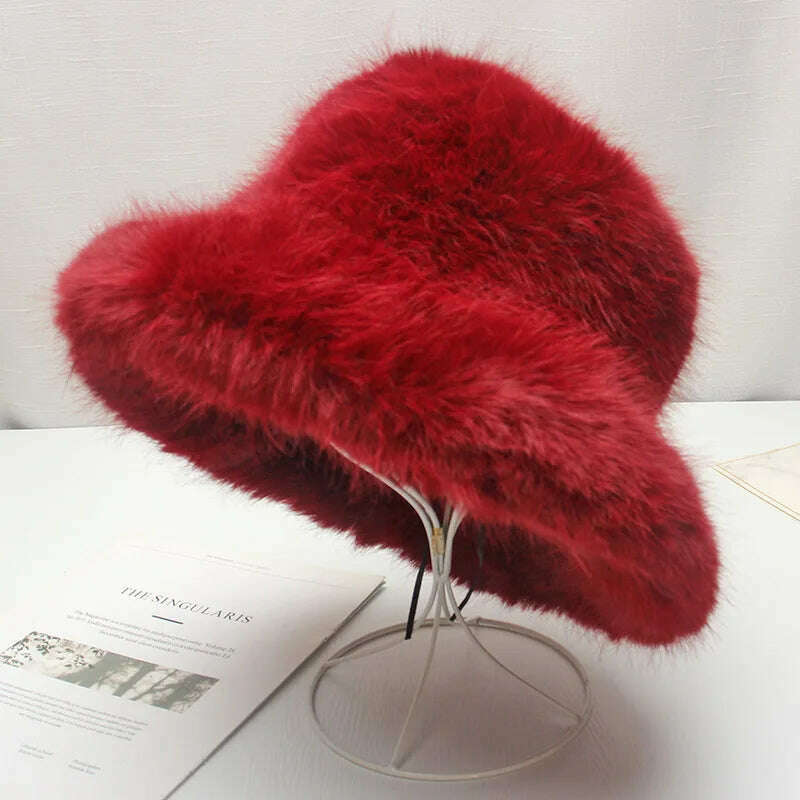 KIMLUD, Red plush Bucket hat women's elegant autumn and winter fur bamboo hat Korean version advanced thermal cap cap 2023 large size, KIMLUD Womens Clothes