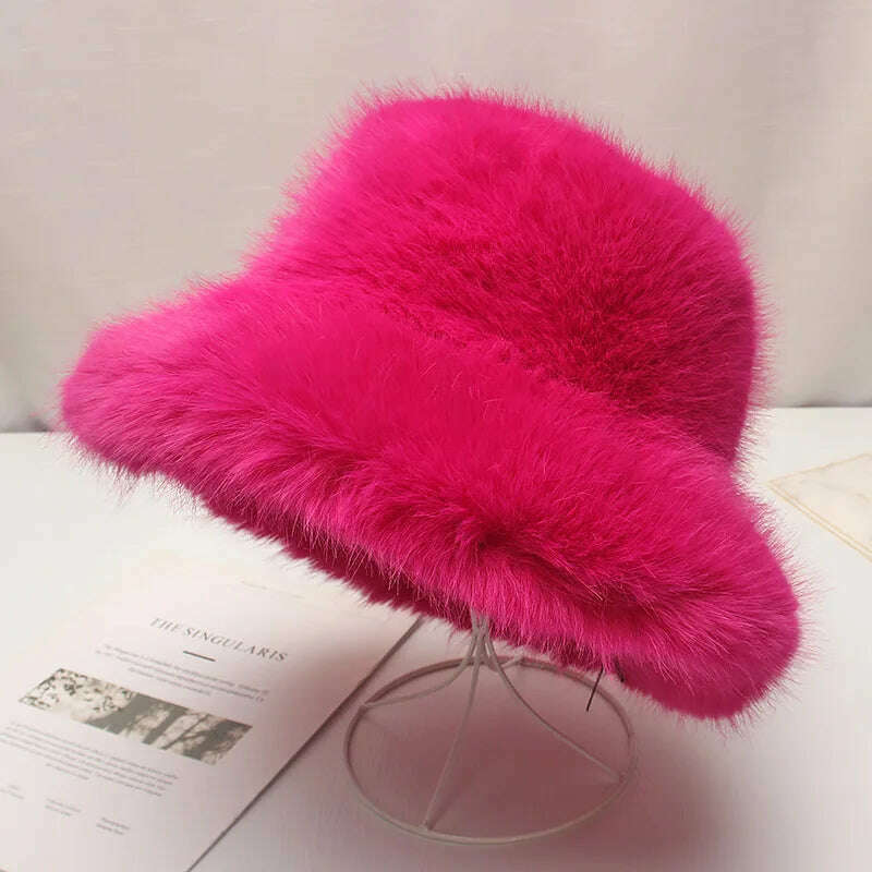 KIMLUD, Red plush Bucket hat women's elegant autumn and winter fur bamboo hat Korean version advanced thermal cap cap 2023 large size, KIMLUD Womens Clothes