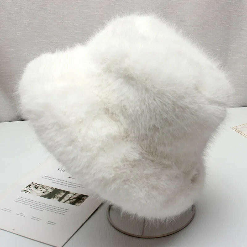 KIMLUD, Red plush Bucket hat women's elegant autumn and winter fur bamboo hat Korean version advanced thermal cap cap 2023 large size, KIMLUD Womens Clothes