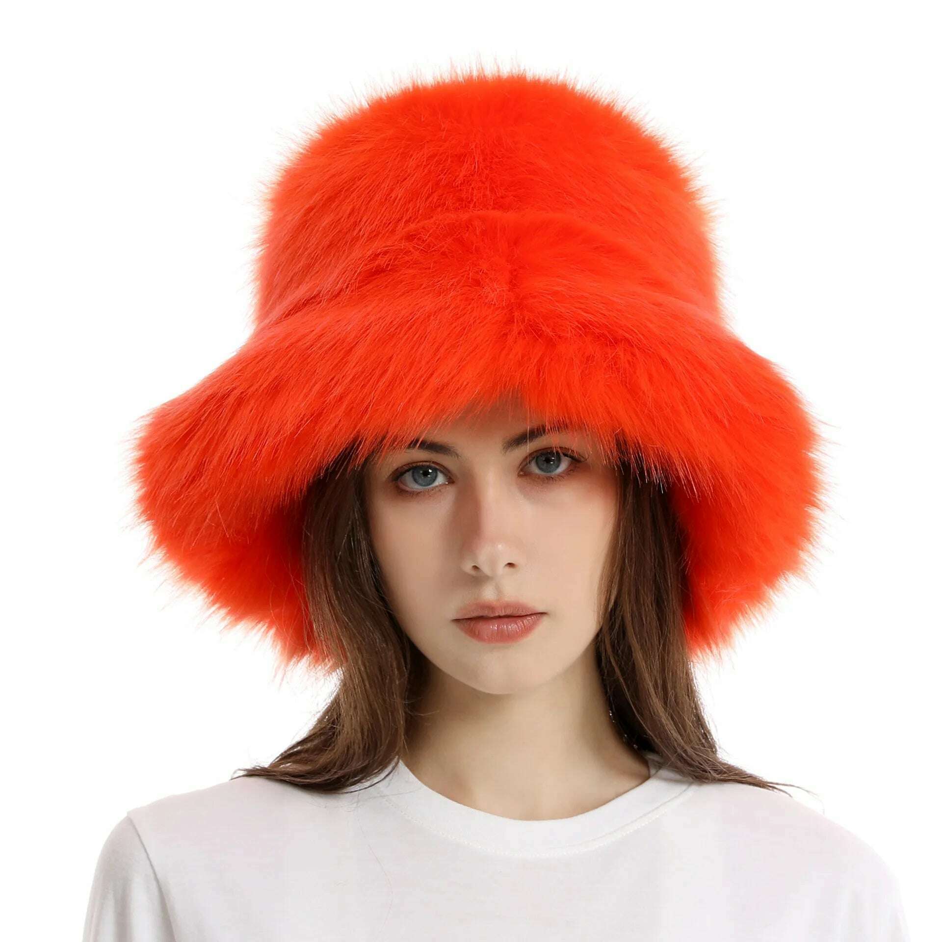 KIMLUD, Red plush Bucket hat women's elegant autumn and winter fur bamboo hat Korean version advanced thermal cap cap 2023 large size, 1 / 58-60cm / CHINA, KIMLUD APPAREL - Womens Clothes