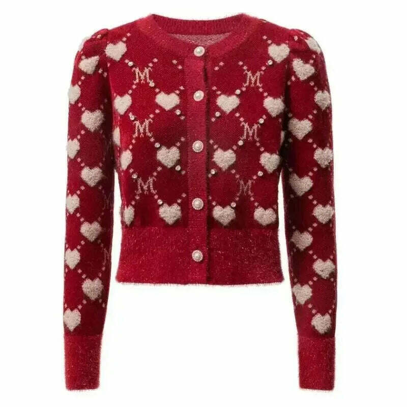 Red Vintage Love Argyle Jacquard Diamonds Knitted Cardigan Sweater Women Autumn Slim Long Sleeve Knitwear Crop Top Coat Jumper - KIMLUD