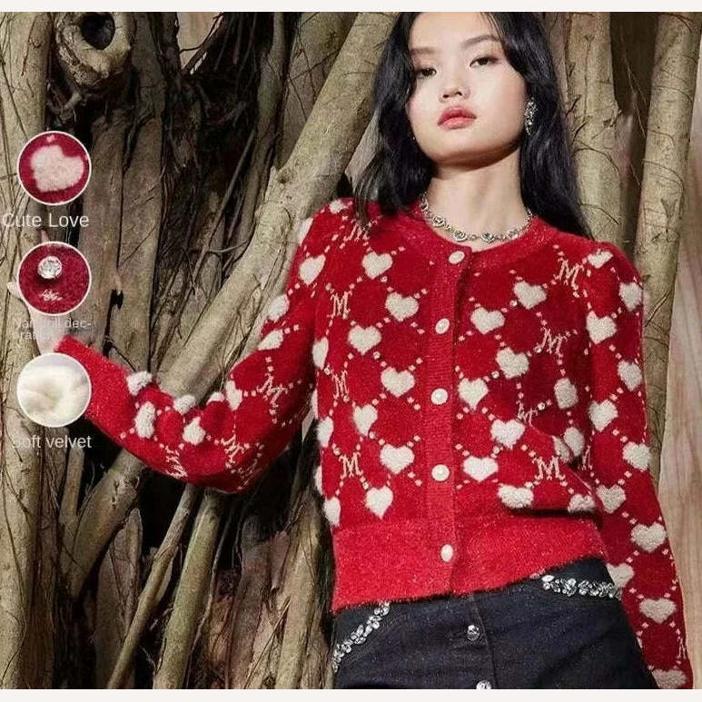Red Vintage Love Argyle Jacquard Diamonds Knitted Cardigan Sweater Women Autumn Slim Long Sleeve Knitwear Crop Top Coat Jumper - KIMLUD