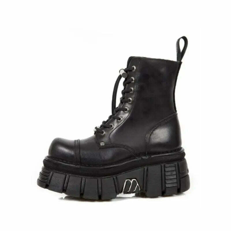 Retro Black Women Ankle Boots Metal Decoration Thick Platform Punk Female Footwear Round Toe Lace-Up Casual Knight Ladies Shoes - KIMLUD