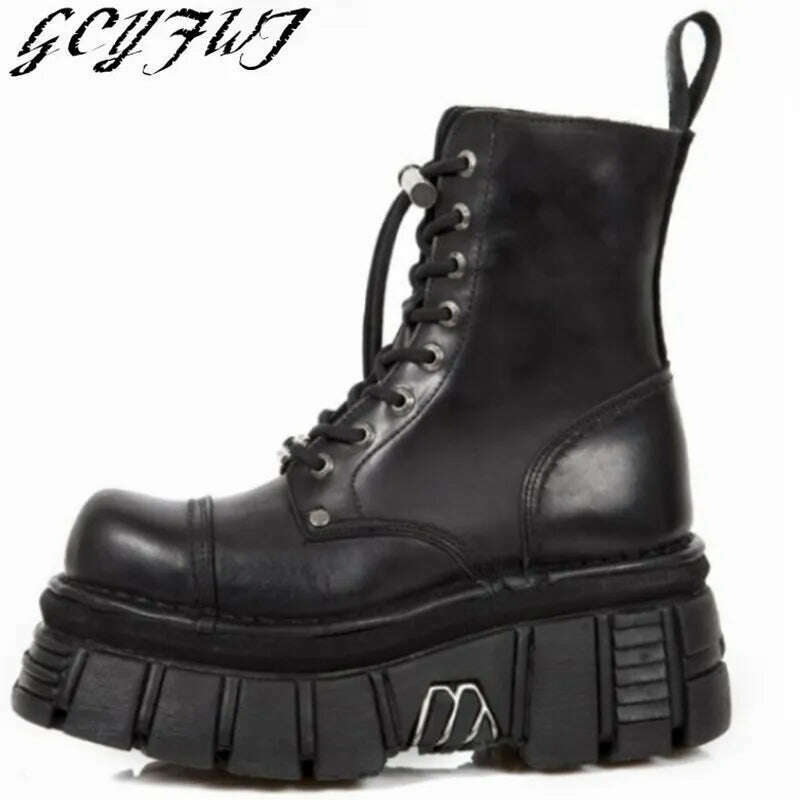 Retro Black Women Ankle Boots Metal Decoration Thick Platform Punk Female Footwear Round Toe Lace-Up Casual Knight Ladies Shoes - KIMLUD