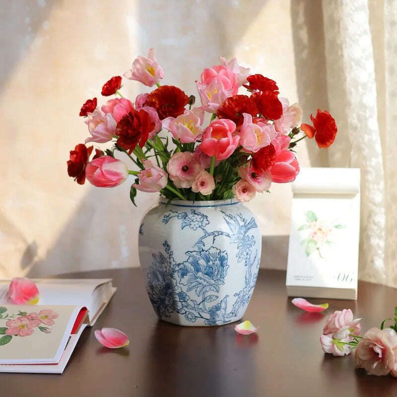 Retro Vase Ice Cracked Blue and White Porcelain High Grade Feeling Flower Bottle Hydroponic Ceramic Vase Octagonal Storage Jar - KIMLUD