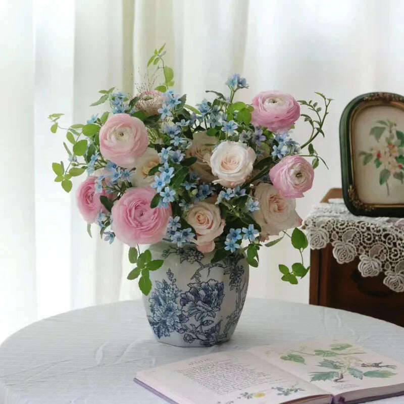 Retro Vase Ice Cracked Blue and White Porcelain High Grade Feeling Flower Bottle Hydroponic Ceramic Vase Octagonal Storage Jar - KIMLUD
