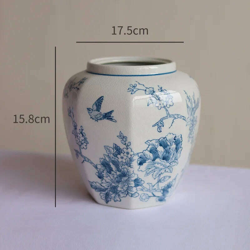Retro Vase Ice Cracked Blue and White Porcelain High Grade Feeling Flower Bottle Hydroponic Ceramic Vase Octagonal Storage Jar - KIMLUD