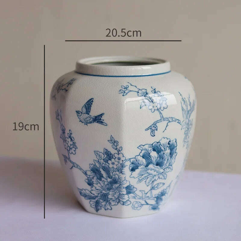 Retro Vase Ice Cracked Blue and White Porcelain High Grade Feeling Flower Bottle Hydroponic Ceramic Vase Octagonal Storage Jar - KIMLUD