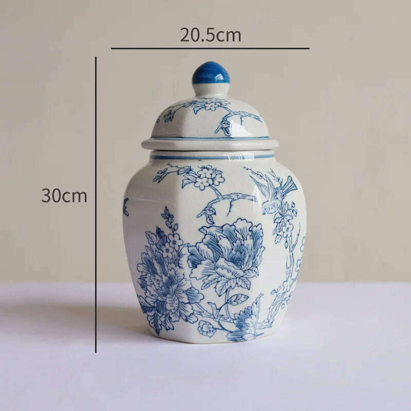 Retro Vase Ice Cracked Blue and White Porcelain High Grade Feeling Flower Bottle Hydroponic Ceramic Vase Octagonal Storage Jar - KIMLUD