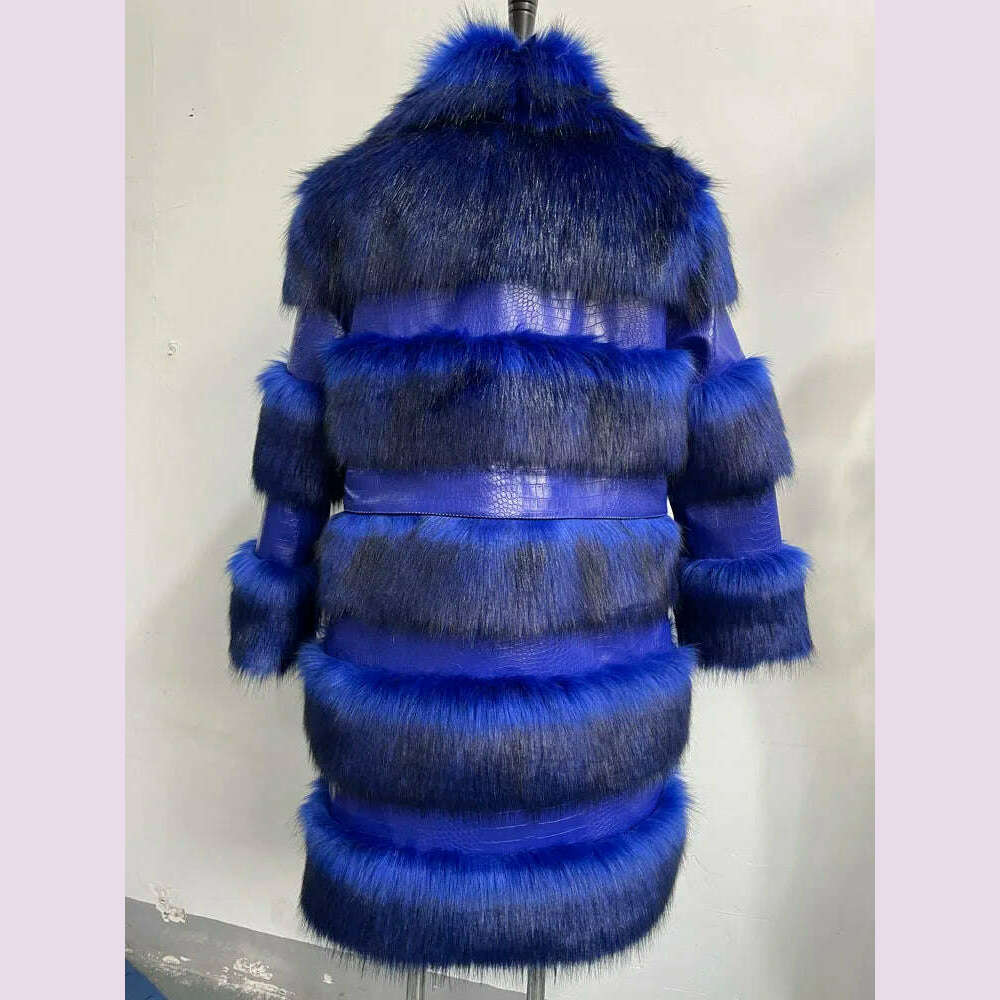 KIMLUD, RR2831 Two Ways Wear Long Faux Fur Coats Women Stand Fur Collar Long Sleeve Fake Fox Fur Winter Jackets Women Waist Zipper, blue 5 rows / S, KIMLUD APPAREL - Womens Clothes