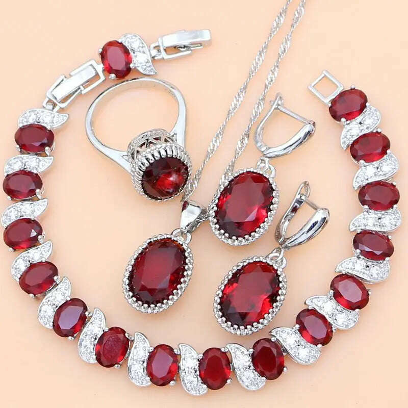 KIMLUD, Ruby Red 925 Silver Jewelry Set Birthstone Jewelry Women Earrings/Pendant/Necklace/Rings/Bracelet Festival Valentine's Day Gift, KIMLUD Womens Clothes