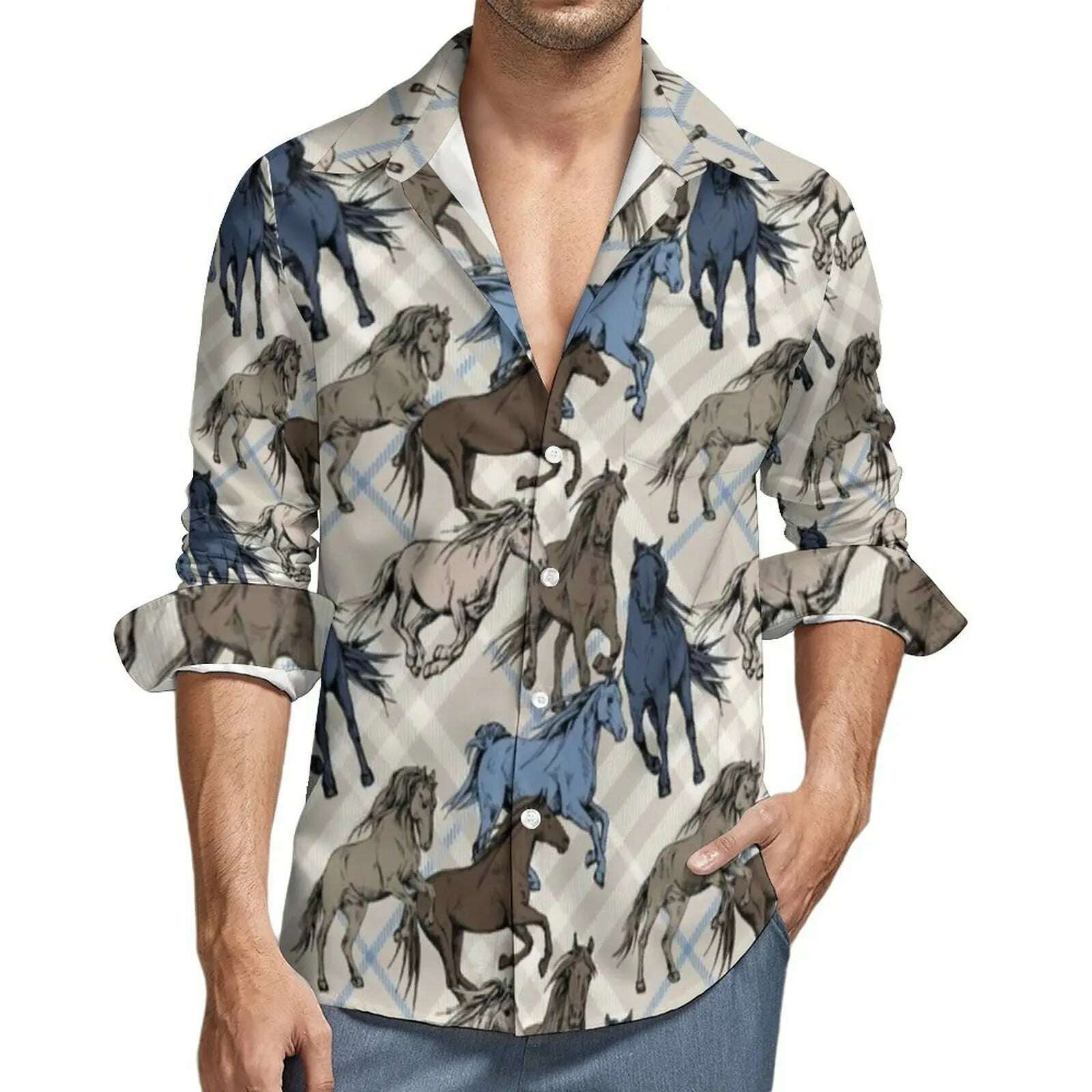 Running Horses Blue Gray Y2K Casual Shirt Mens Horse Art Color Shirt Spring Trending Blouses Long Sleeve Design Oversized Tops - KIMLUD