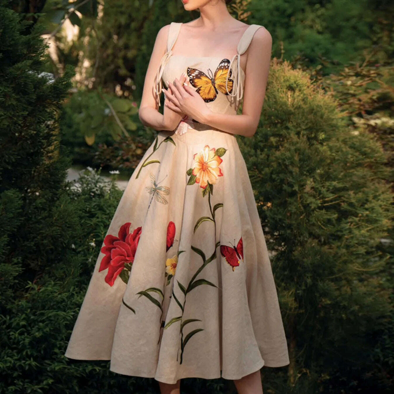 Runway Summer Embroidery Cotton Long Dress For Women Straps Beach Holiday Sundress Butterfly Fashion Elegant Midi Dresses Lady - KIMLUD