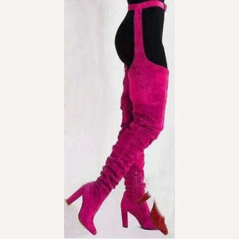 Sestito Women Sexy Side Zipper Thigh High Boots Female Belt Trousers Boots Ladies Flock Pointed Toe Suqare High Heels Boots - KIMLUD