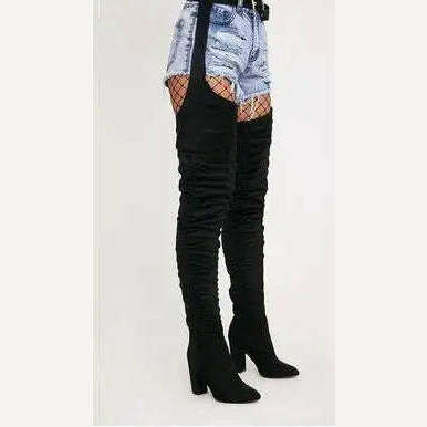 Sestito Women Sexy Side Zipper Thigh High Boots Female Belt Trousers Boots Ladies Flock Pointed Toe Suqare High Heels Boots - KIMLUD