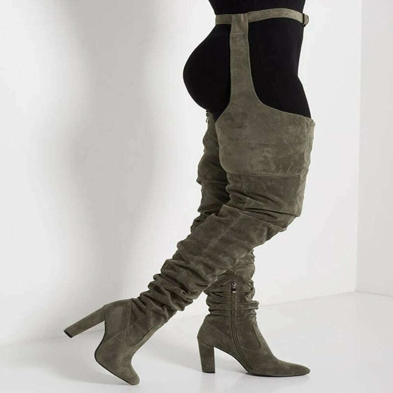 Sestito Women Sexy Side Zipper Thigh High Boots Female Belt Trousers Boots Ladies Flock Pointed Toe Suqare High Heels Boots - KIMLUD
