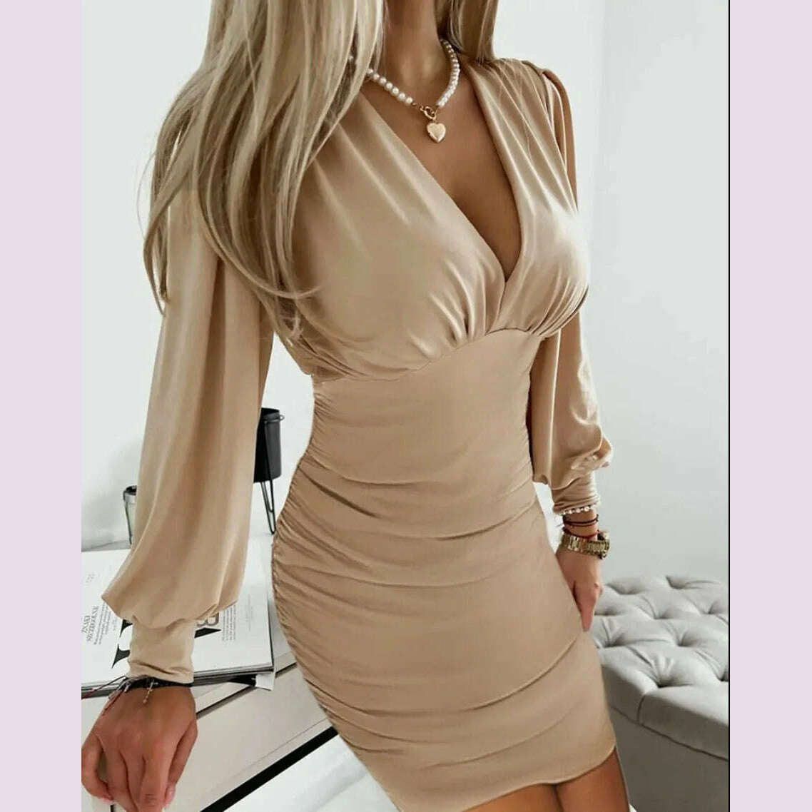 KIMLUD, Sexy Deep V-neck Bodycon Dress Women Fashion Long Sleeve Print Dresses For Women 2024 Autumn Winter Mesh Patchwork Mini Dress, KIMLUD Womens Clothes