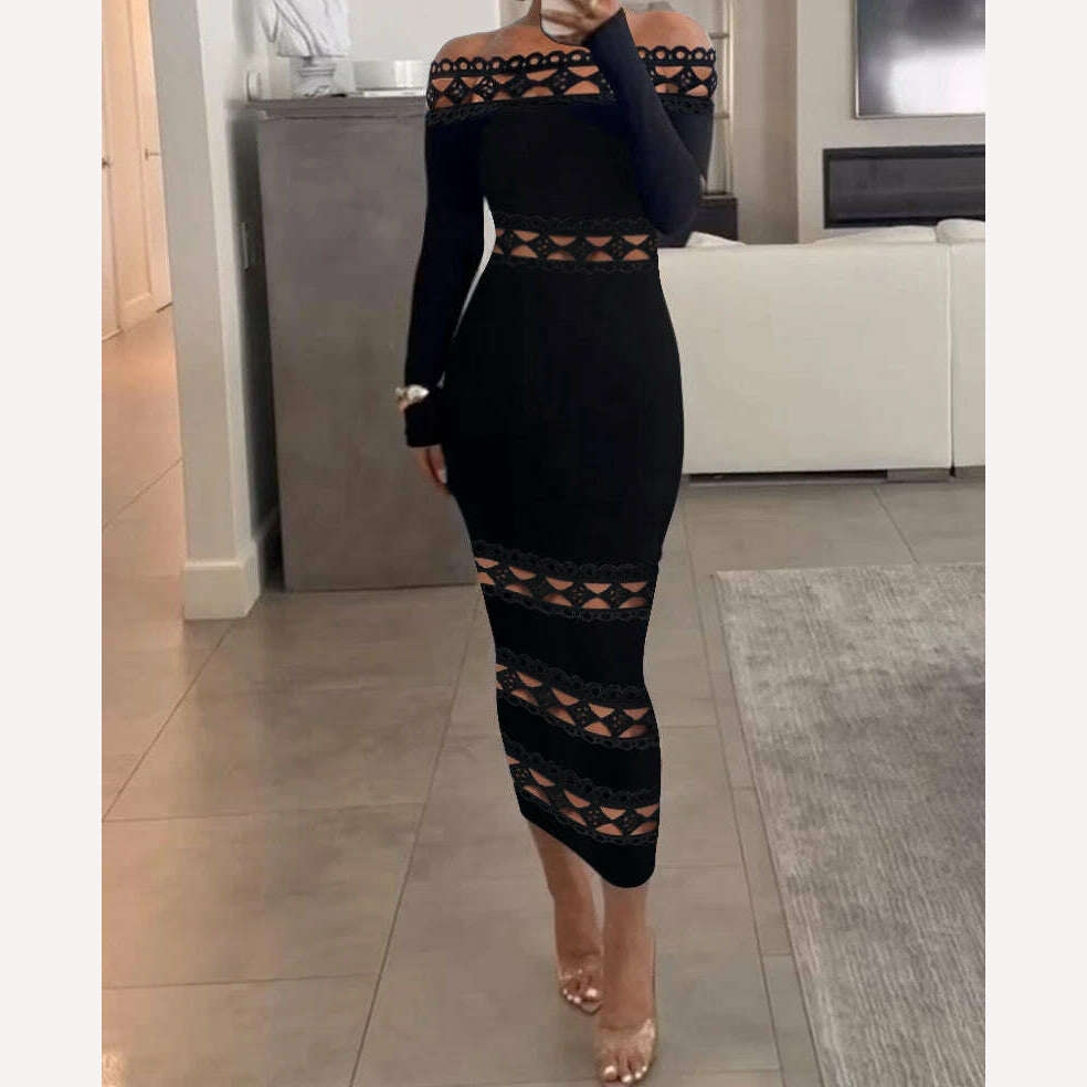 Sexy Dress Y2k Fashion Versatile Casual Off Shoulder Lace Patch Long Sleeve Midi Dresses of Female Autumn and Winter New 2023 - KIMLUD