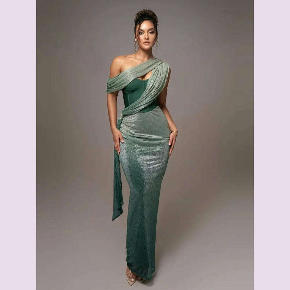 KIMLUD, Sexy One Shoulder Draped Glitter Long Dress Women Brown Corset Sparkly Backless Bodycon Maxi Dresses Evening Party Gowns, KIMLUD Womens Clothes