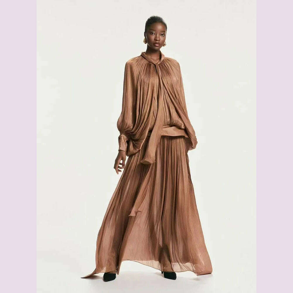 KIMLUD, Sexy Stand Collar Long Sleeve Hollow Out Long Dress Women Brown Balck Lantern Sleeve Backless Loose Dresses Party Evening Club, KIMLUD Womens Clothes