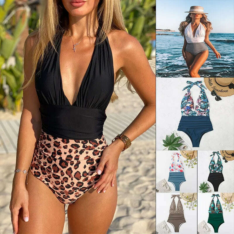 Sexy Women Bikini Simple Halter Splicing Solid Sleeveless Halter one-piece Deep V-neck swimsuit Classic Elegant Lace-up swimwear - KIMLUD