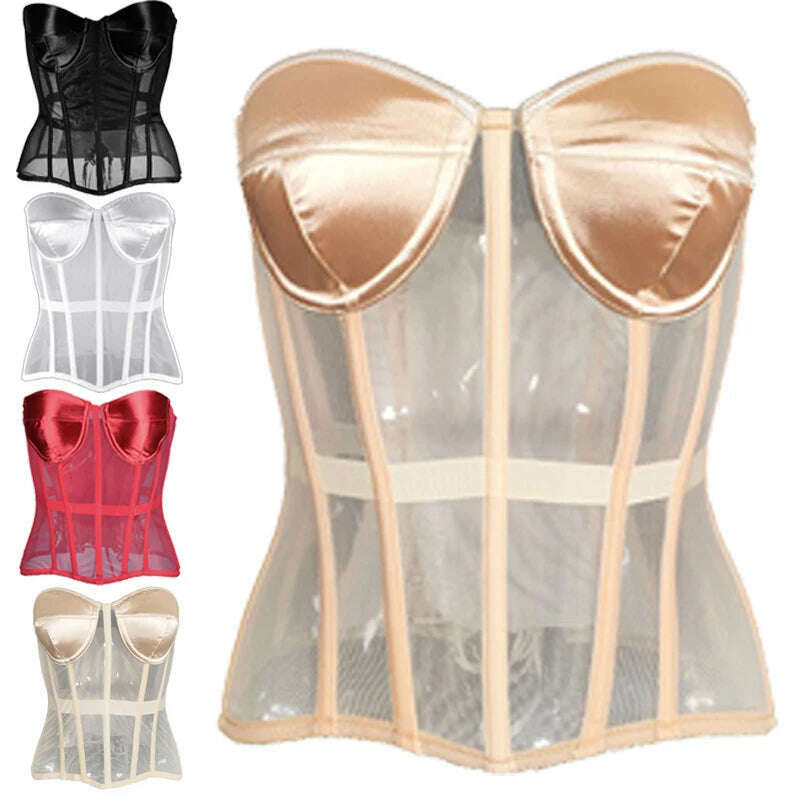 Sexy Women Sheer Bustier Lace Up Corset Top Corset Boned Waist Trainer Lingerie Overbust Corsets Body Shaper Corsets for Women - KIMLUD