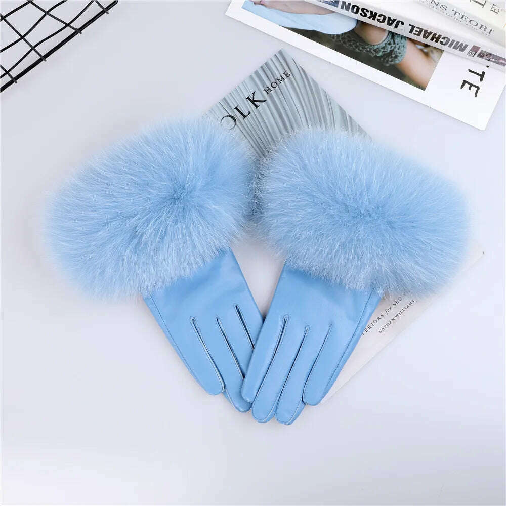 Sheepskin Natural Fox Fur Trimming Gloves Women's Genuine Leather Wrist Warmer Glove Winter Warm Fashion Mittens Fleece Lining - KIMLUD