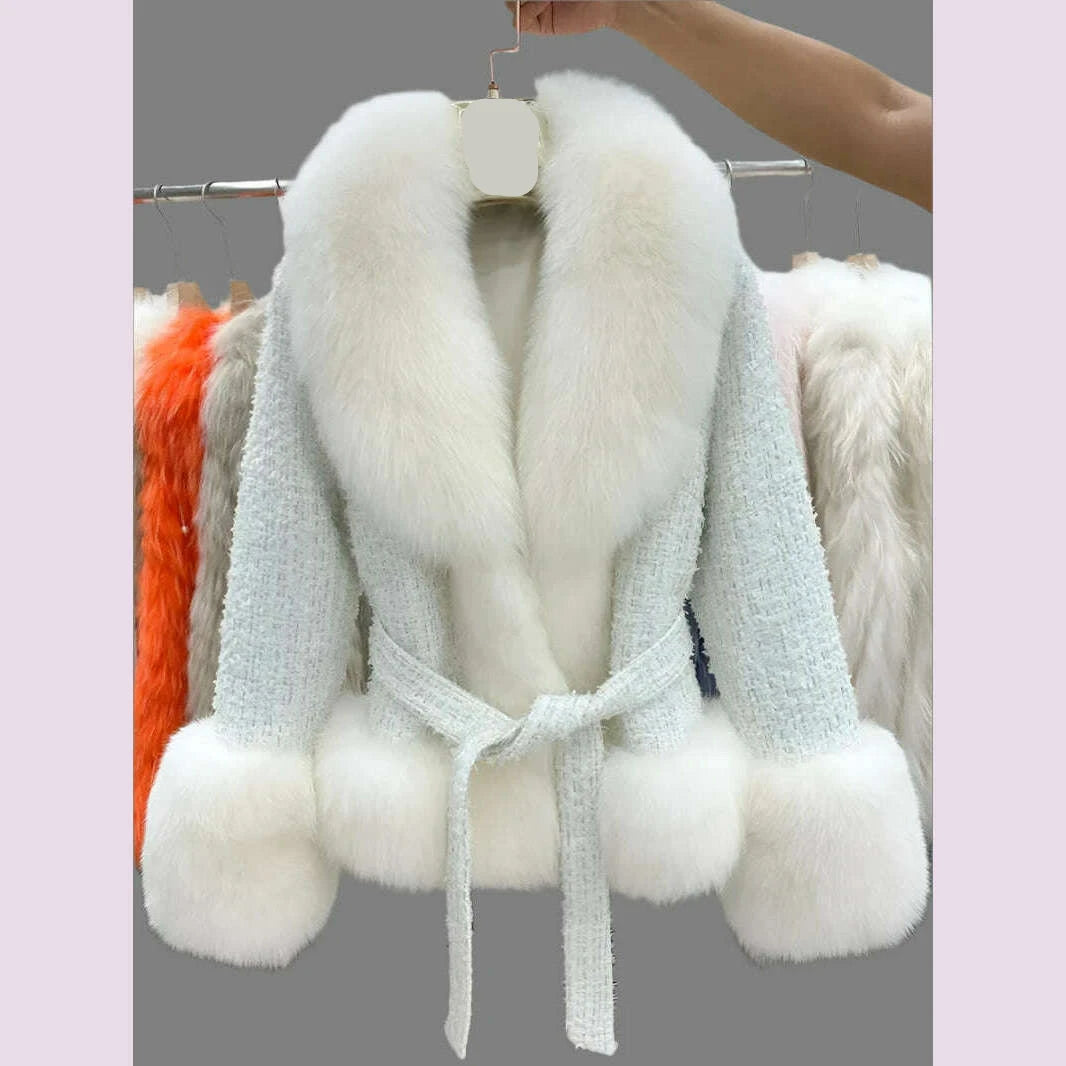 Short Jacket Coat with Real Red Fox Fur Collar for Women, Front and Belt, Elegant Fur, Green Color, Autumn and Winter Coat - KIMLUD