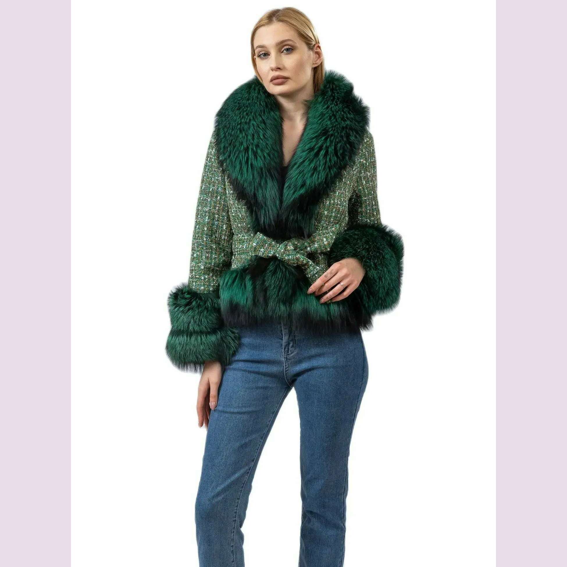 Short Jacket Coat with Real Red Fox Fur Collar for Women, Front and Belt, Elegant Fur, Green Color, Autumn and Winter Coat - KIMLUD