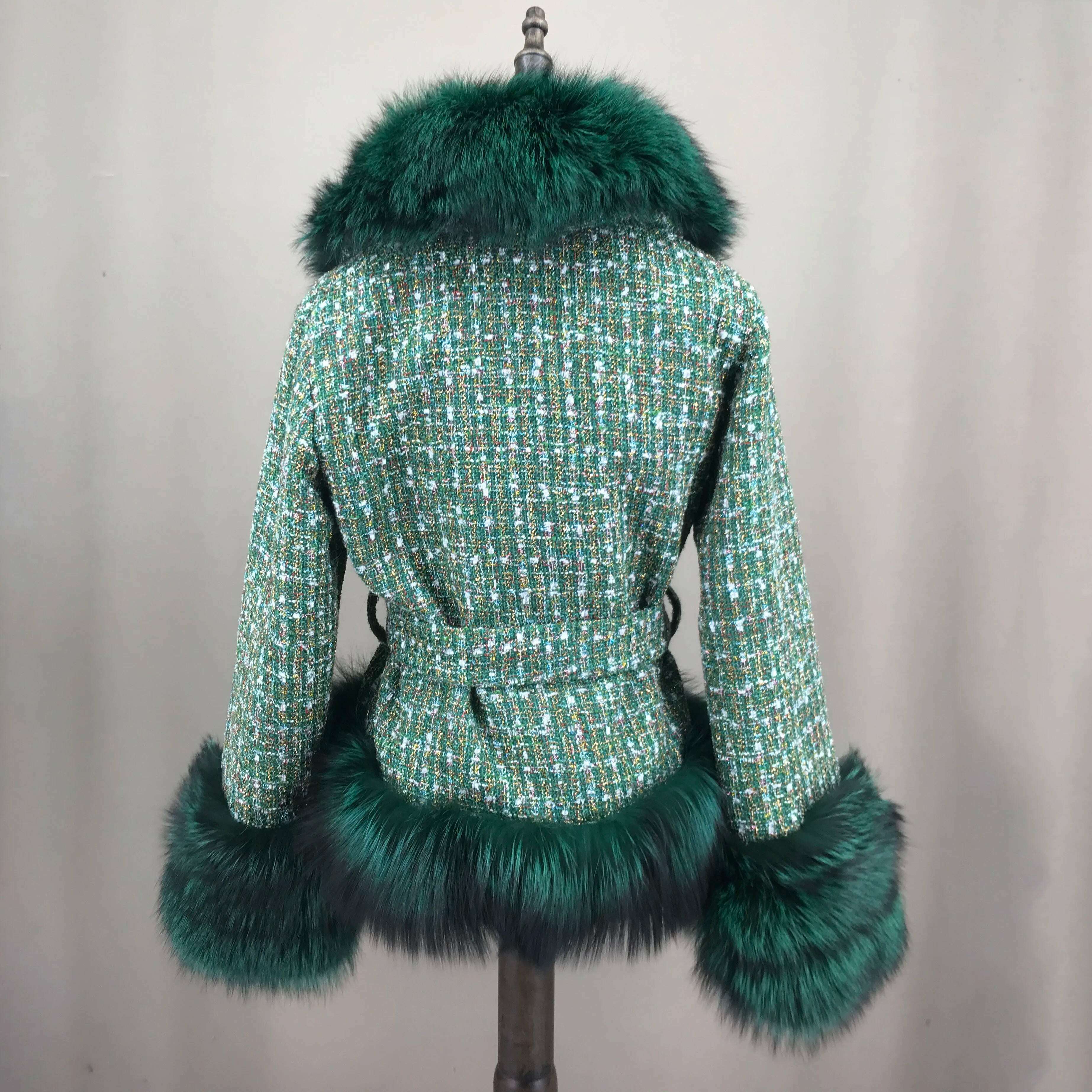 Short Jacket Coat with Real Red Fox Fur Collar for Women, Front and Belt, Elegant Fur, Green Color, Autumn and Winter Coat - KIMLUD