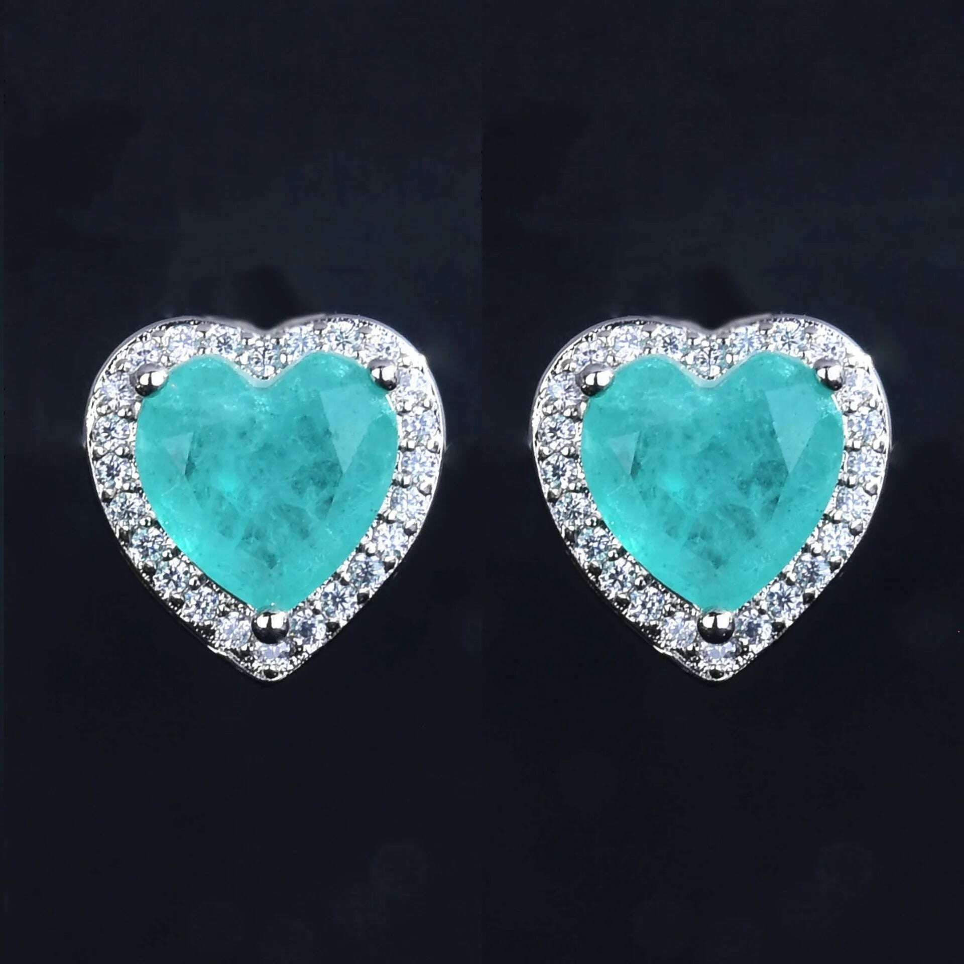 KIMLUD, Silver Heart Shape Paraiba Tourmaline Gemstone Stud Earrings For Women Fashion Wedding Statement Jewelry Anniversary Gift, e012, KIMLUD APPAREL - Womens Clothes