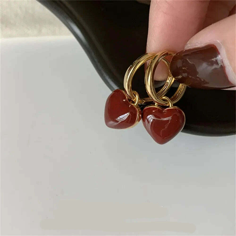 Simple Design Wine Red Love Heart Dangle Earrings For Women Gold Color Circle Vintage Peach Drop Earring Can Be Separated N513 - KIMLUD