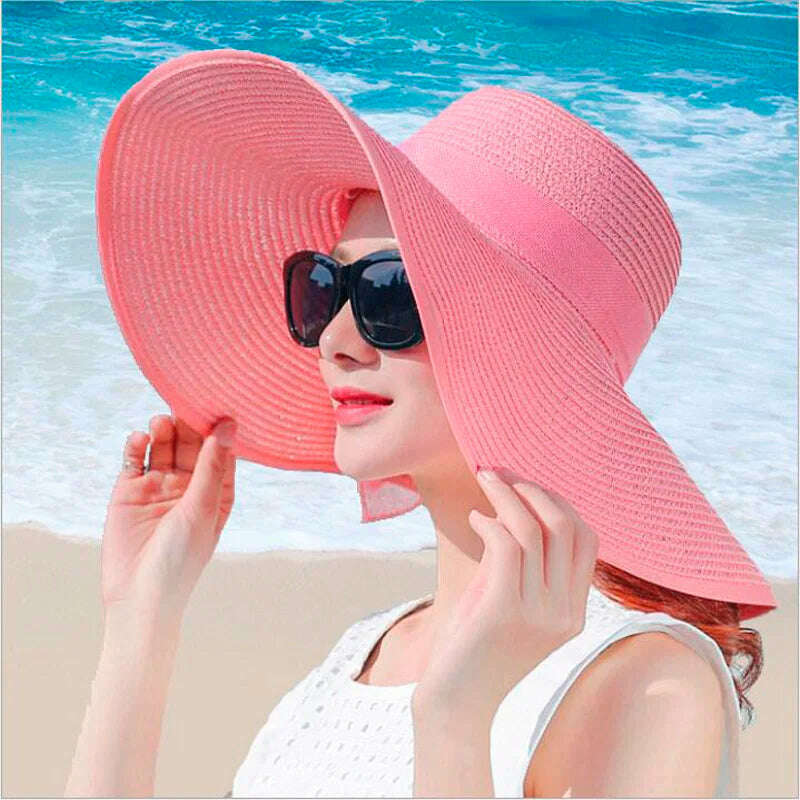 KIMLUD, simple summer straw hat women big wide brim beach hat sun hat foldable sun block UV protection panama hat bone chapeu feminino, KIMLUD Womens Clothes