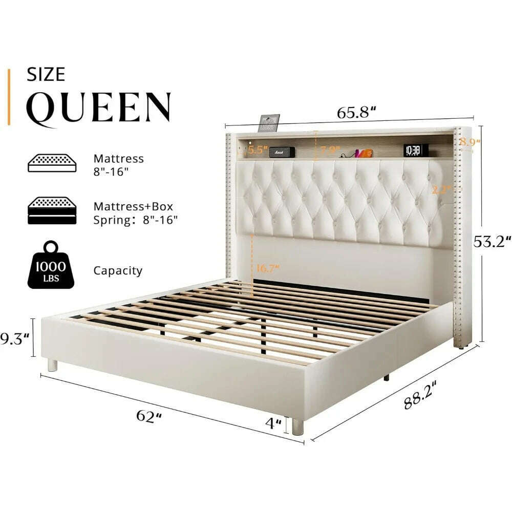 KIMLUD, Size Bed Frame 53.6'' Tall Headboard LED Lights and Charging Station, Velvet Hign Upholstered Platform Bed Wingb, KIMLUD Womens Clothes