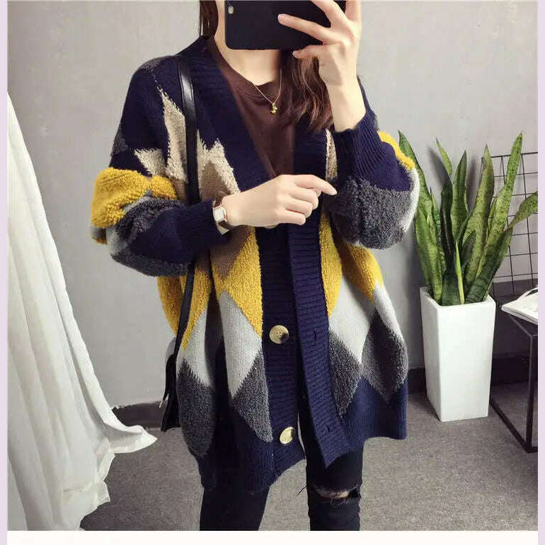 KIMLUD, Slouchy Style Sweater Women's Cardigan Loose Autumn and Winter Korean 2023 New Style Outerwear Knitted Jacket Medium Length, KIMLUD Womens Clothes
