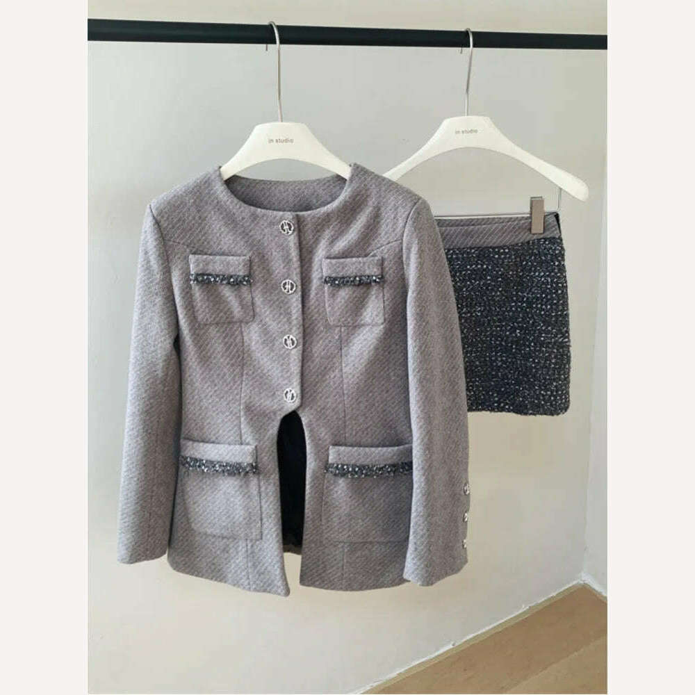 Small Fragrant Wind Winter Sets Round Collar Clip Split Frayed Irregular Outerwear + High Waist Skirt Fashionable Two-piece Suit - KIMLUD